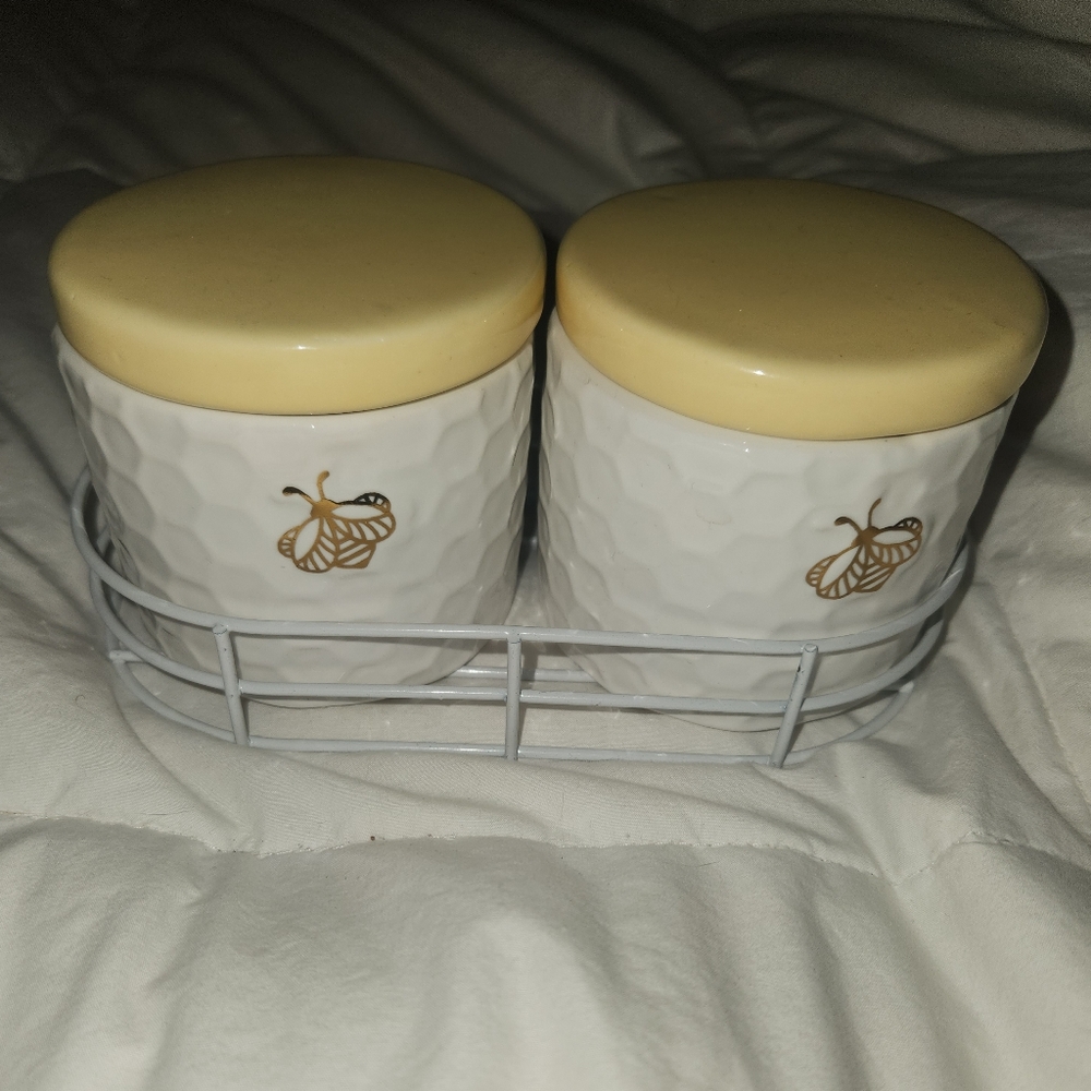 Pair Hearland Hive 2 White Ceramic Canisters with Yellow Lids and Gold Bee Motif